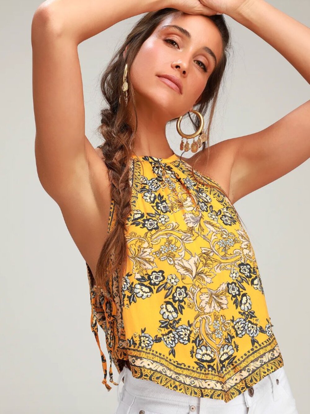 Free People Sofia Golden Yellow Floral Print Halter Crop Top Bohemian Small